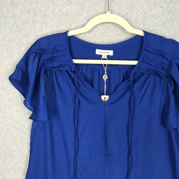 Max Studio Blouse Womens Small Blue Ruffle Office Church Flowy Top Loose Twee - Picture 4 of 11